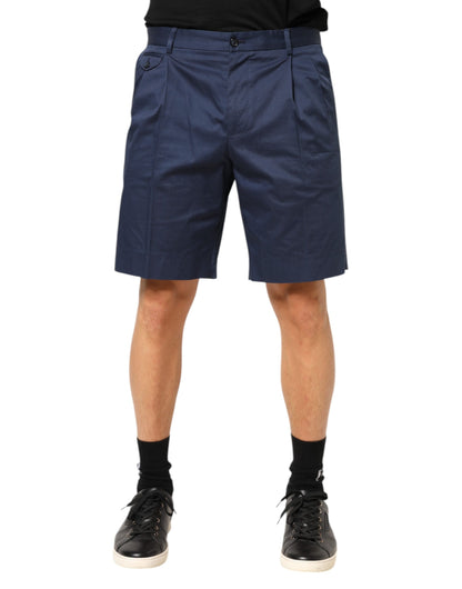 Blue Cotton Stretch Mid Waist Bermuda Shorts