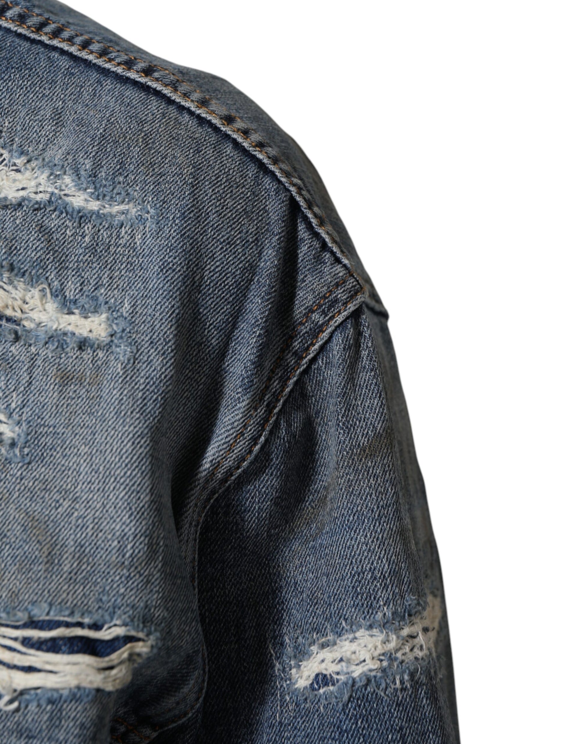 Blue Cotton Tattered Denim Blouson Jacket