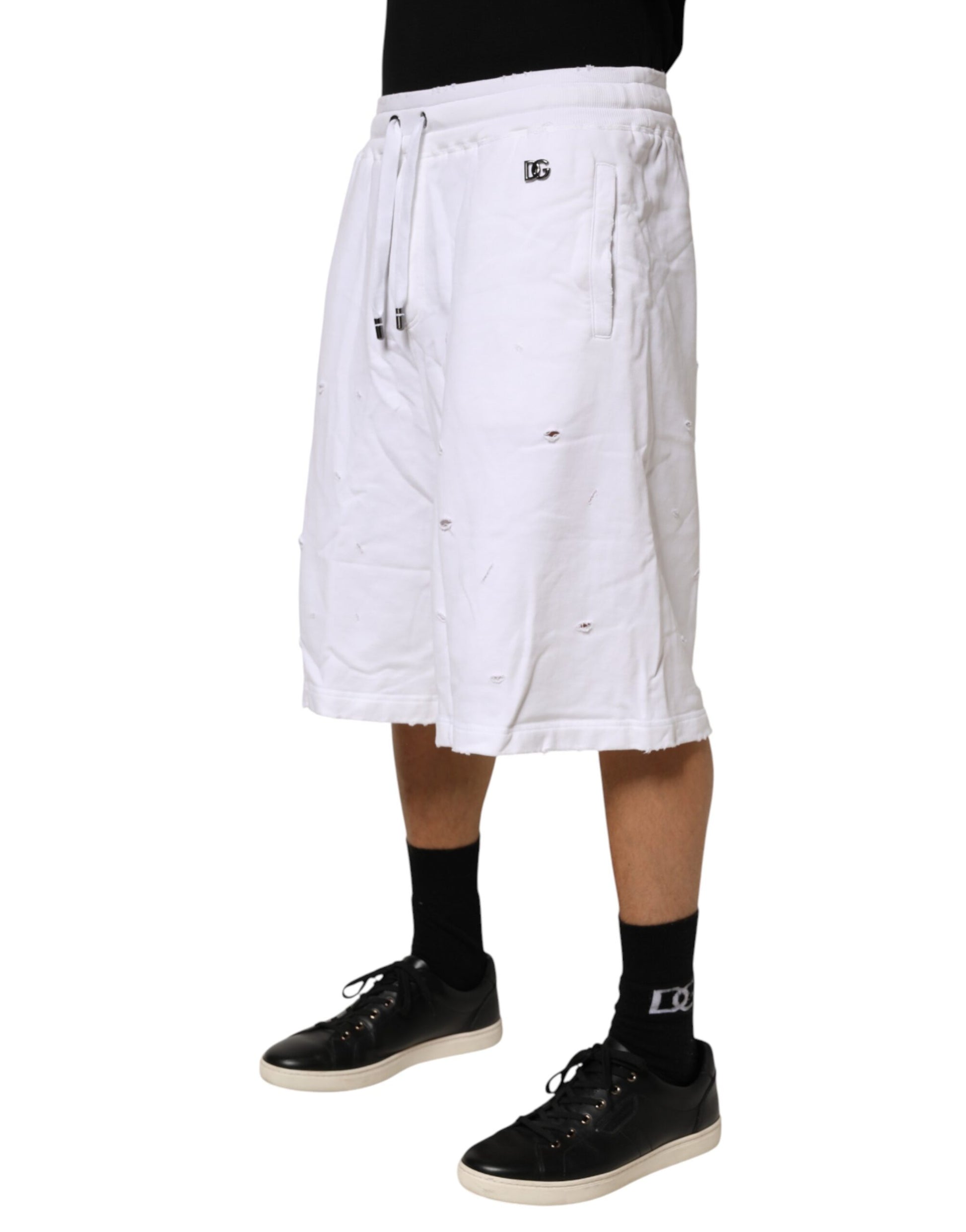 White Distressed Cotton Men Bermuda Shorts