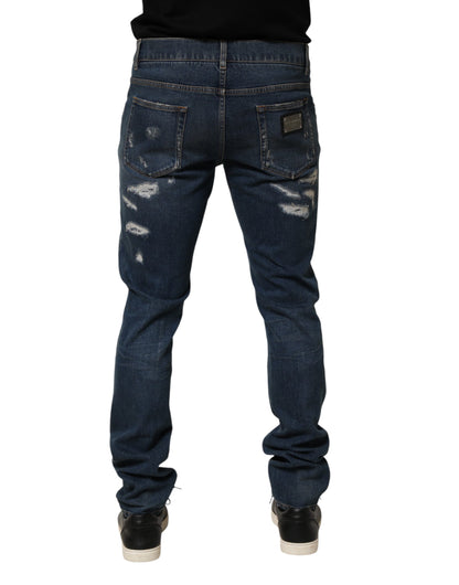Blue Tattered Cotton Skinny Men Denim Jeans