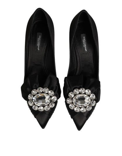 Black Satin Bow Crystal Embellishment Pumps Shoes