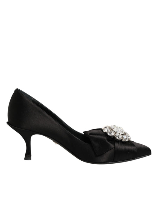 Black Satin Bow Crystal Embellishment Pumps Shoes