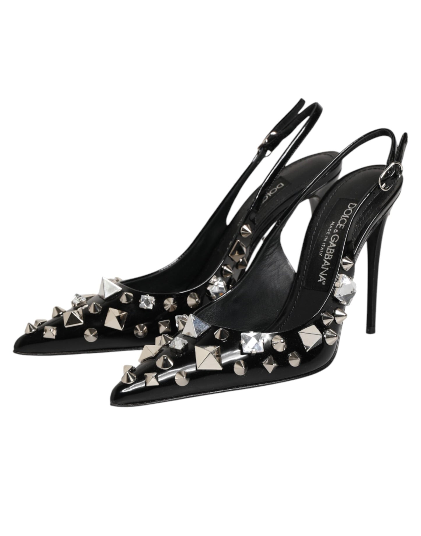 Black Studded Leather Heels Slingbacks Shoes
