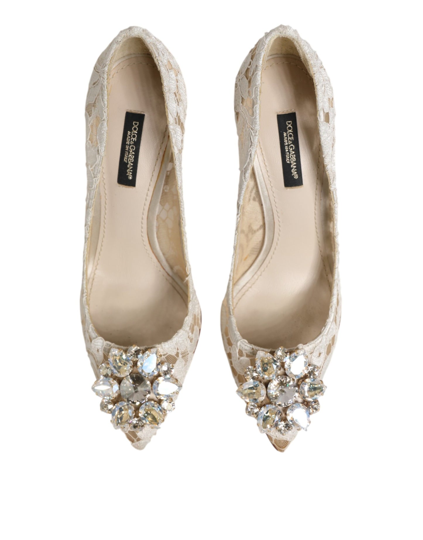 White Taormina Lace Crystal Heel Pumps Shoes