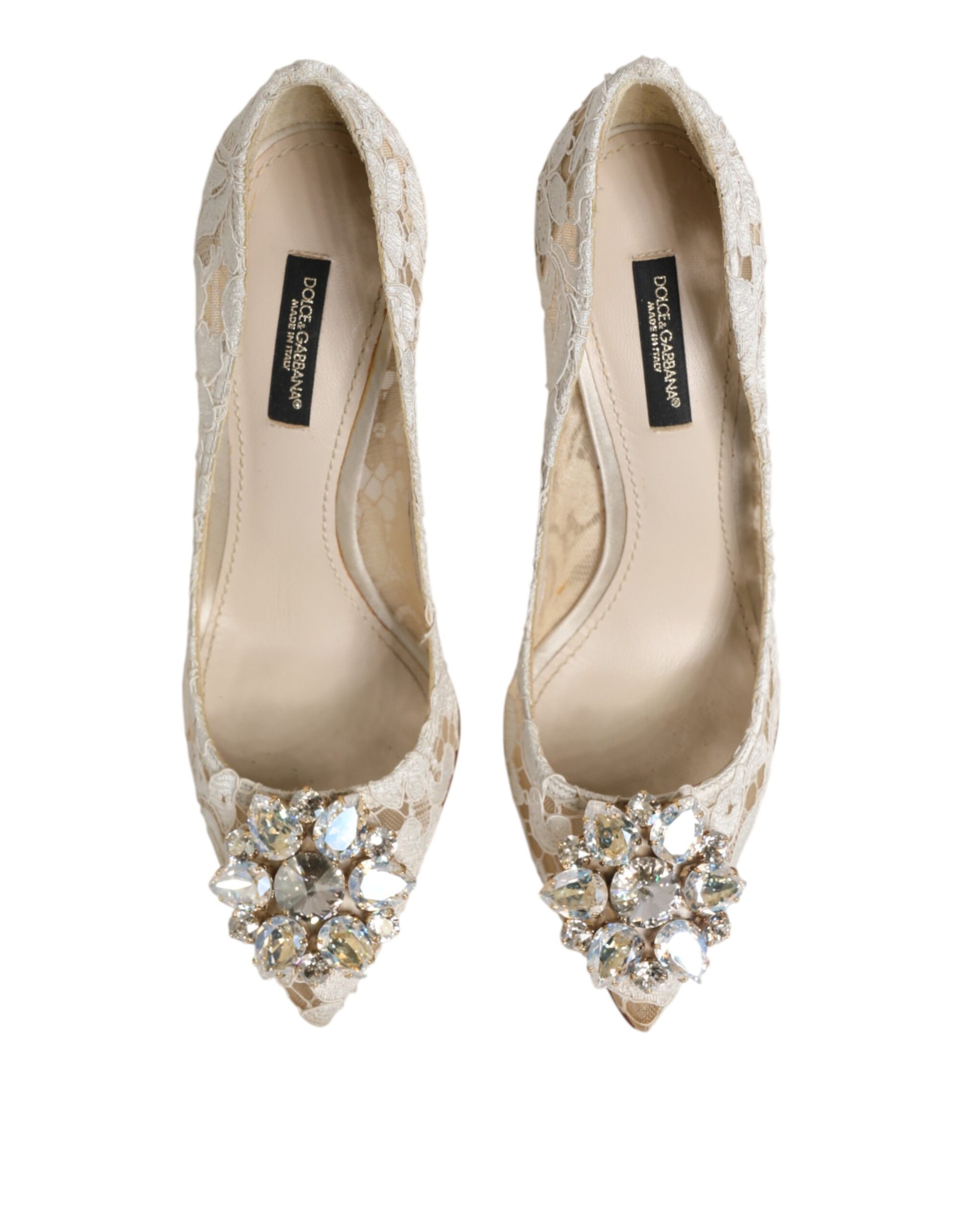 White Taormina Lace Crystal Heel Pumps Shoes
