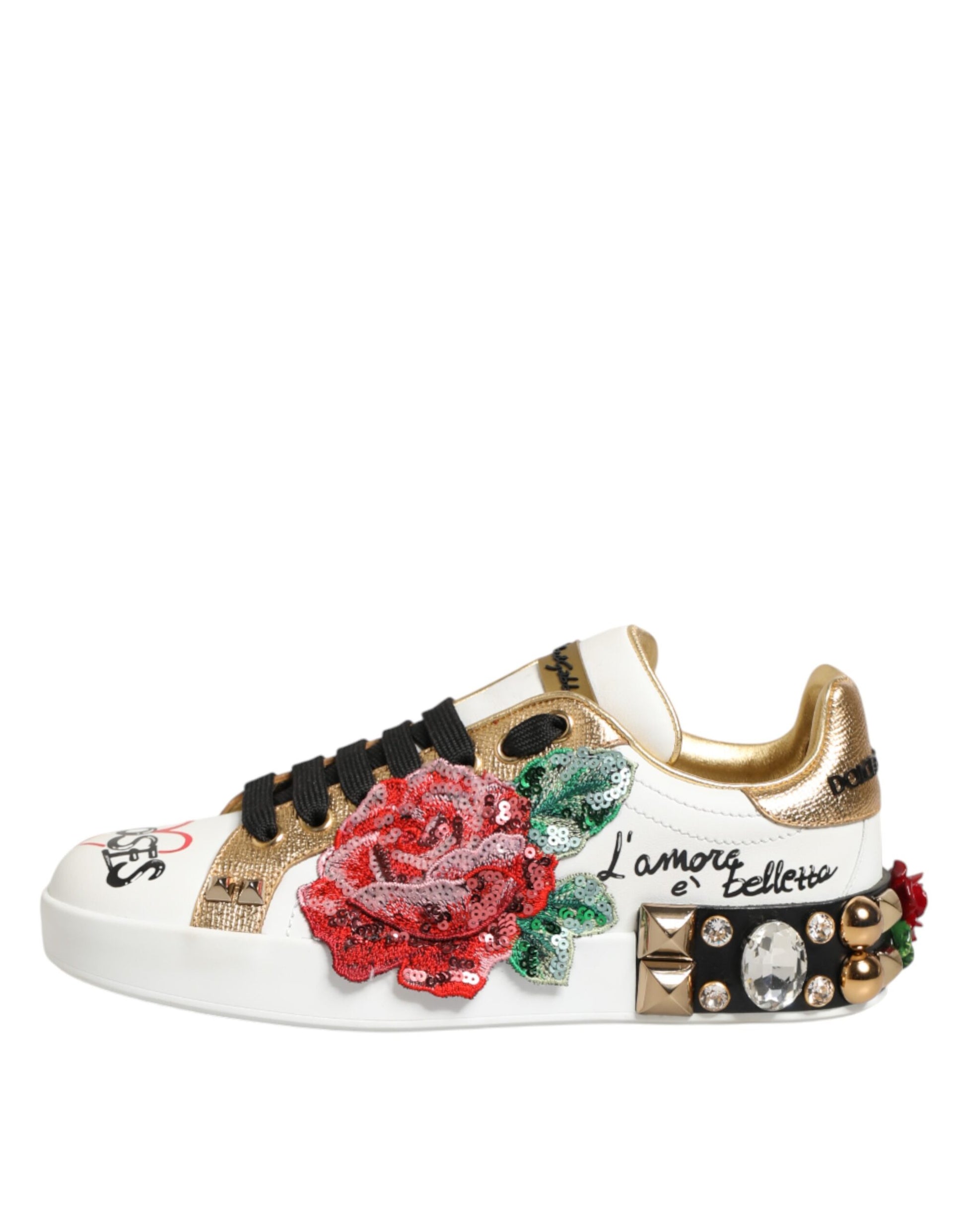 White Leather Floral Studded Sneakers Shoes