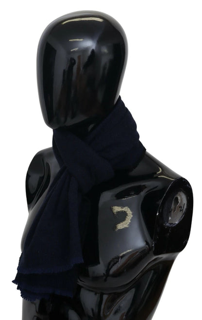 Dark Blue Wool Unisex Neck Wrap Fringes Logo Scarf