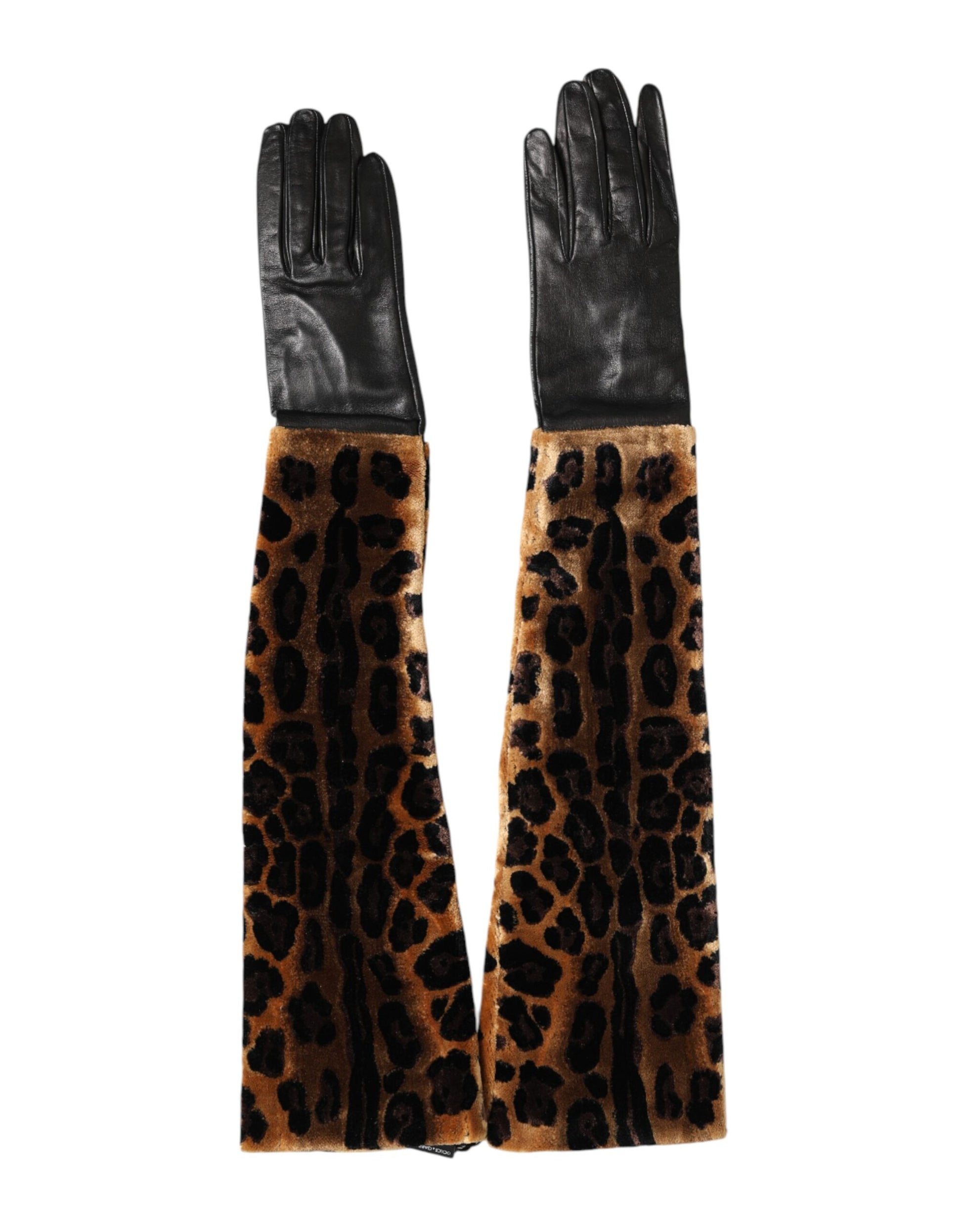 Brown Black Leopard Leather Elbow Length Mitten Gloves