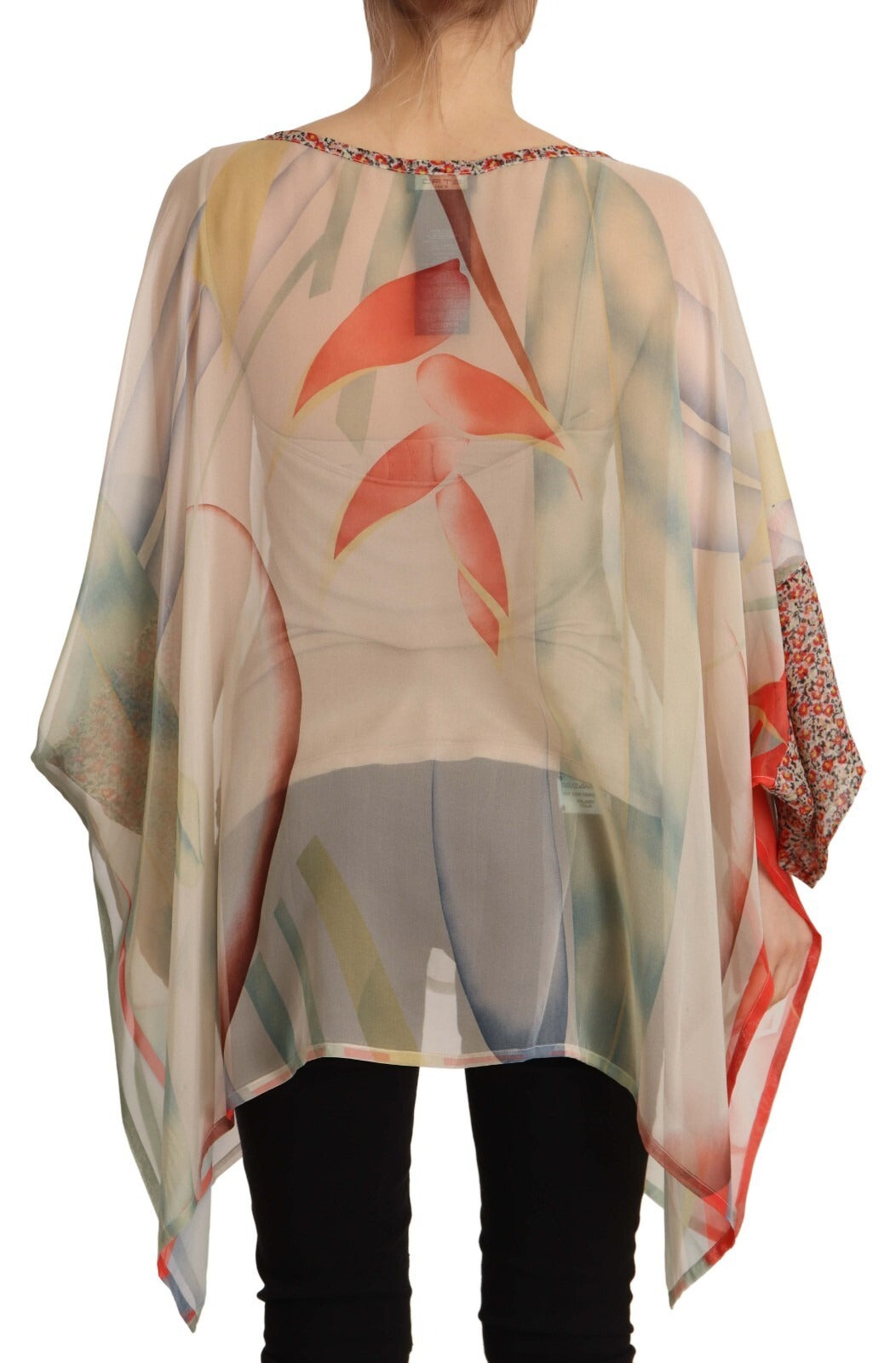 Silk Multicolor Printed Poncho Long Sleeves Women Blouse Top