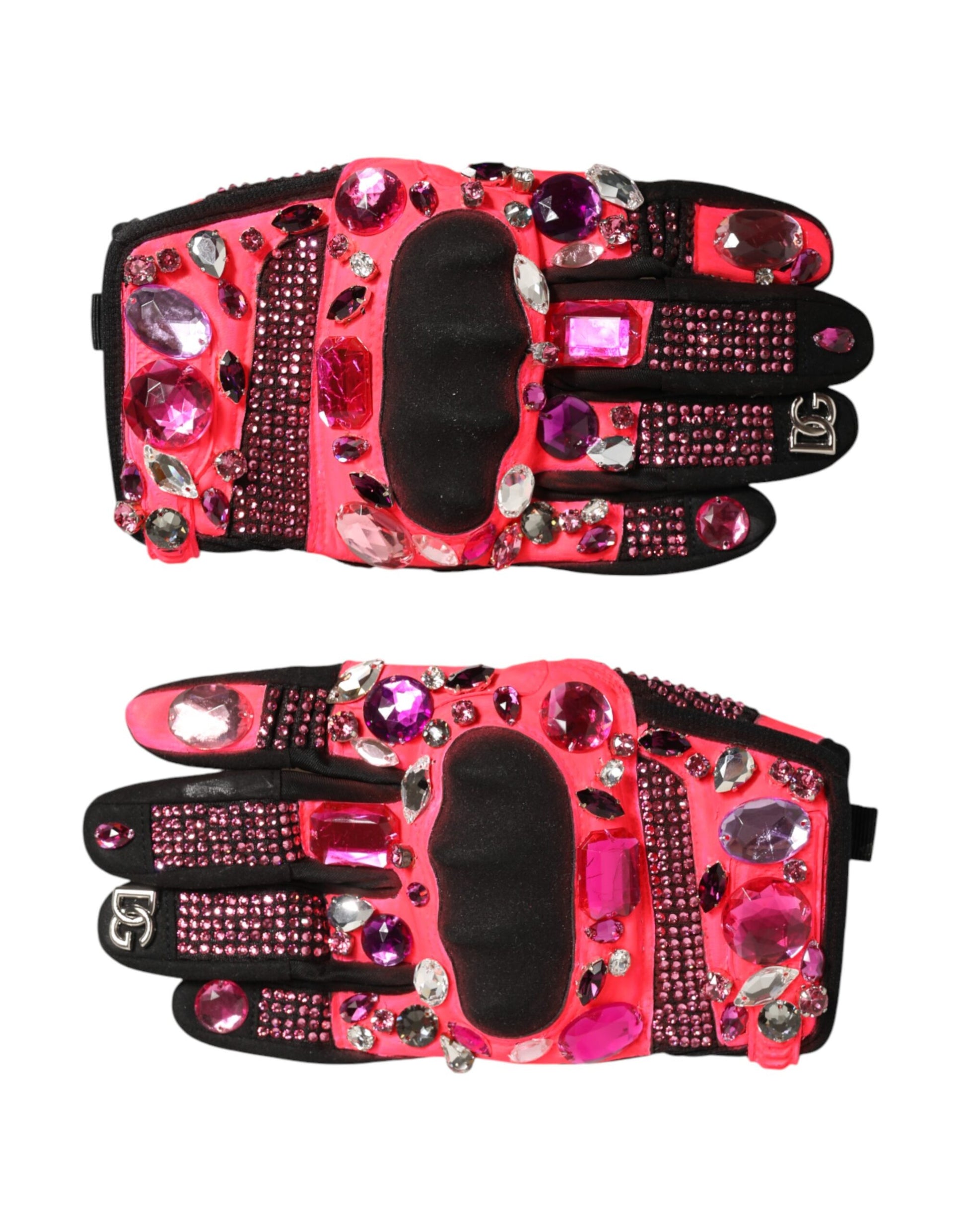 Black Pink Crystal Wrist Length Mitten Gloves