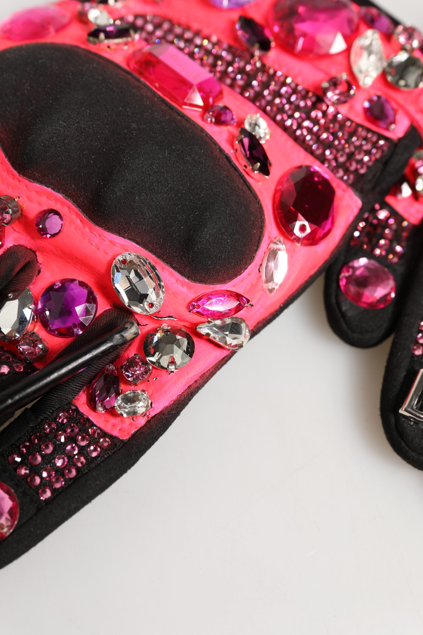 Black Pink Crystal Wrist Length Mitten Gloves