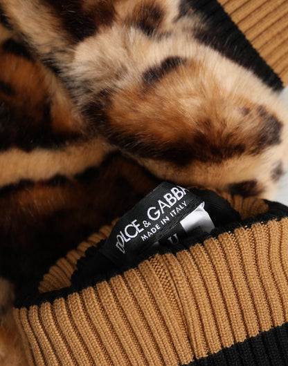 Brown Leopard Knitted Fur Wrist Mitten Gloves