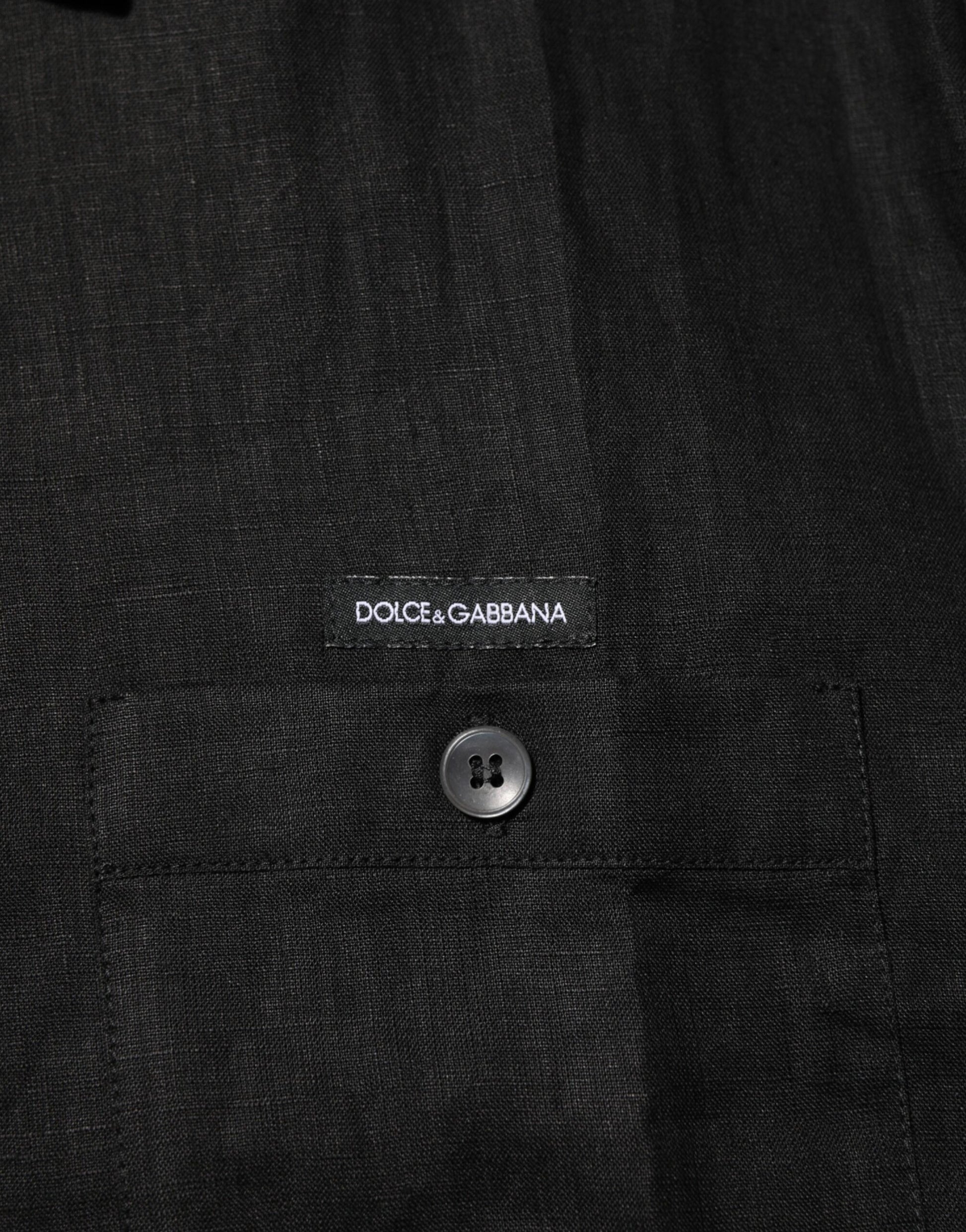 Black Linen Collared Short Sleeve Polo Shirt
