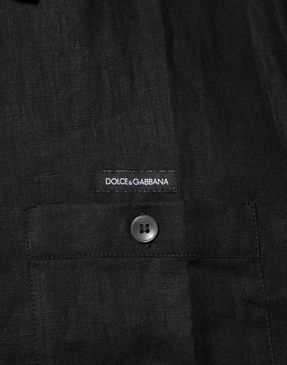 Black Linen Collared Short Sleeve Polo Shirt