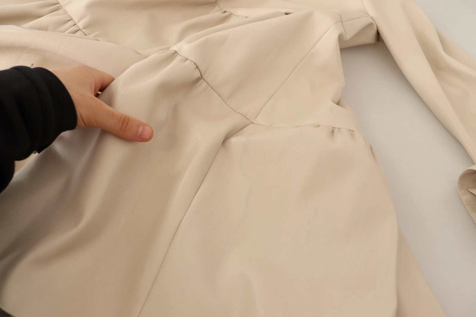 Leather Beige Long Sleeves Collared A-line Mini  Dress