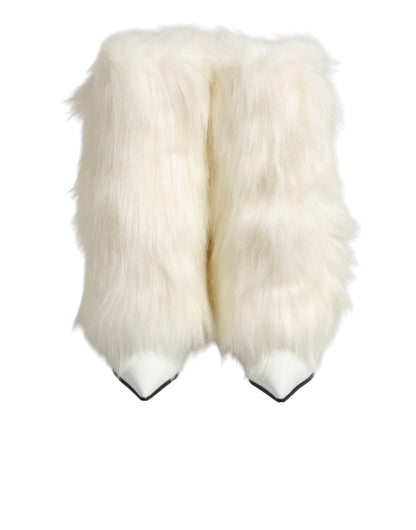 White Fur Pointed Knee High Stiletto Boots Shoes