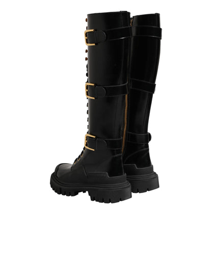 Black Buckle Embellished Knee High Boots Shoes
