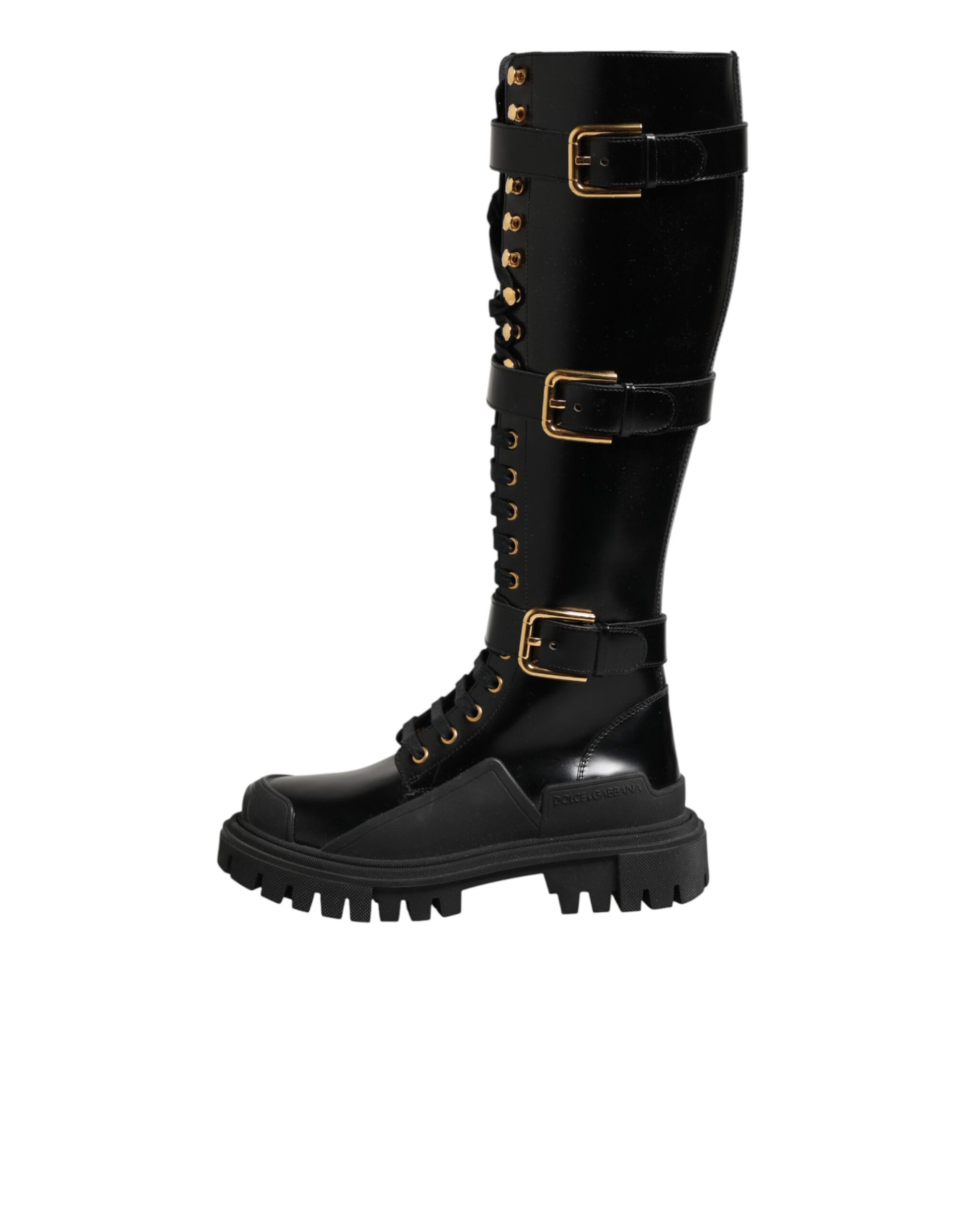 Black Buckle Embellished Knee High Boots Shoes