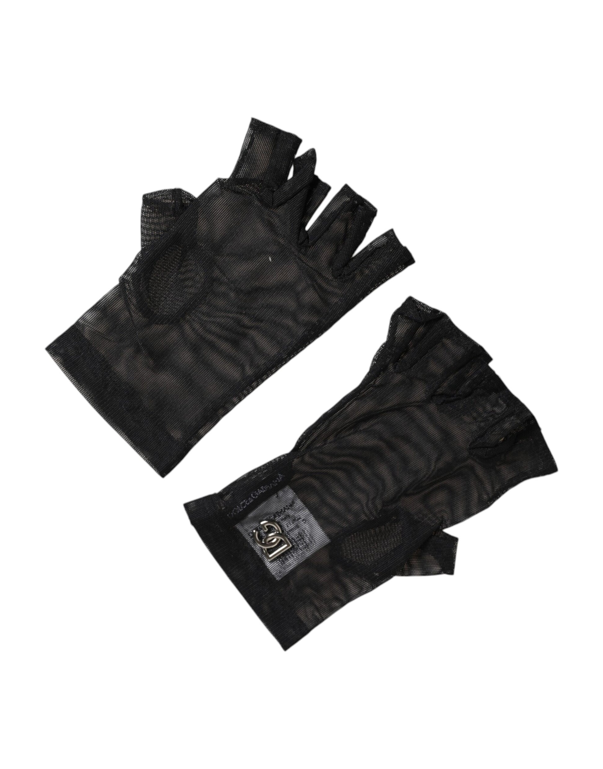 Black Nylon Wrist Length Fingerless Mitten Gloves