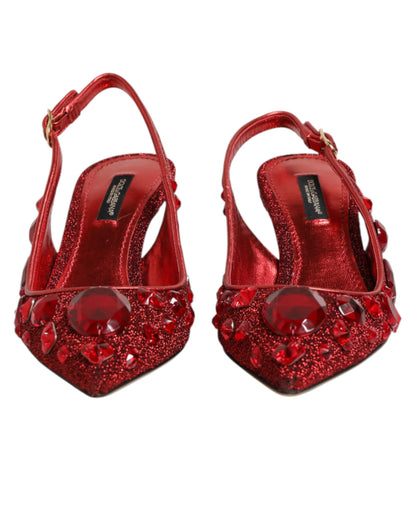 Red Crystal Embellished Slingbacks Shoes