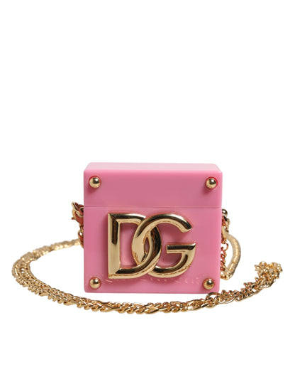 Pink DG Logo Plaque Cover Gold Chain Airpods Case