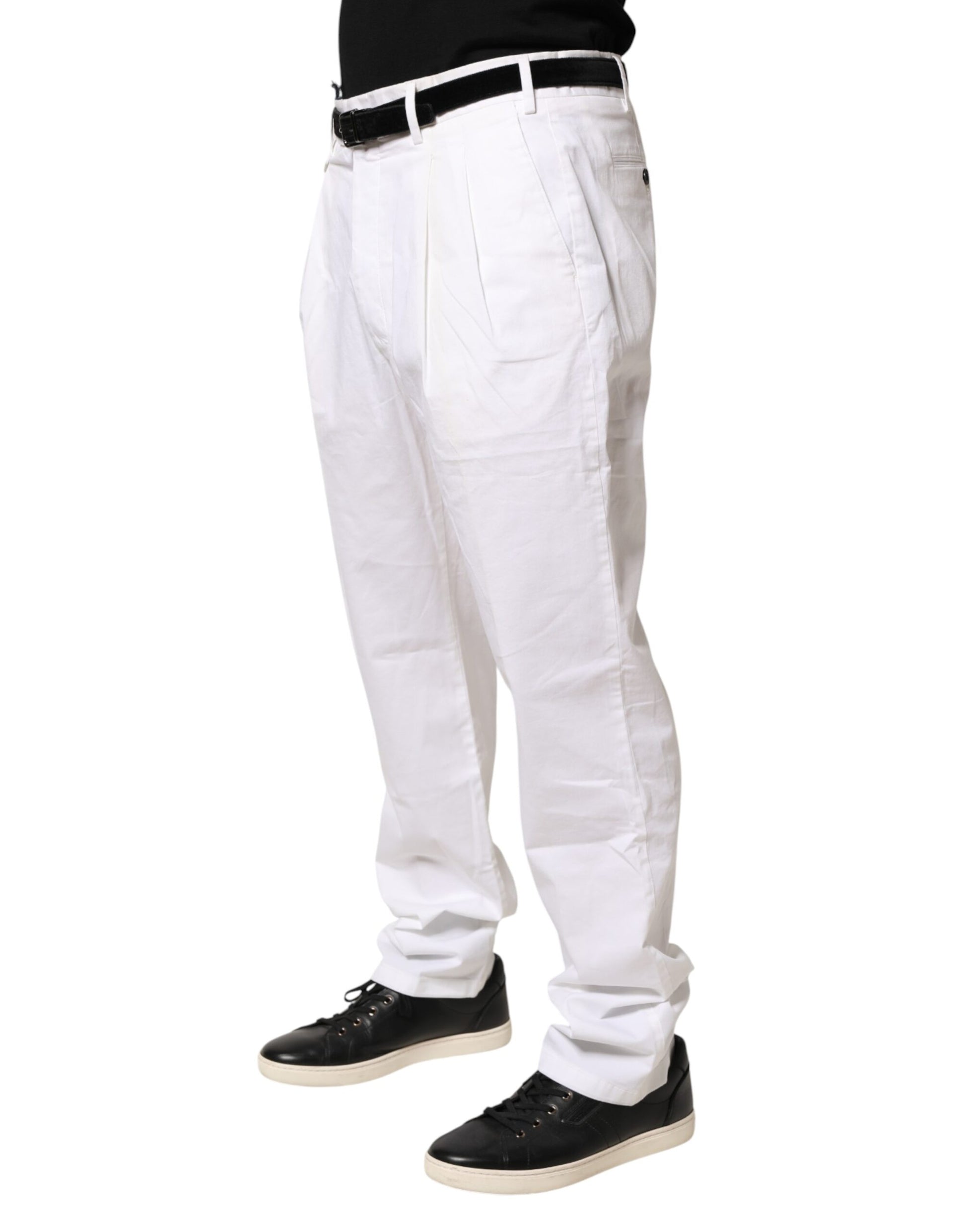 White Cotton Stretch Tapered Mid Waist Chino Pants