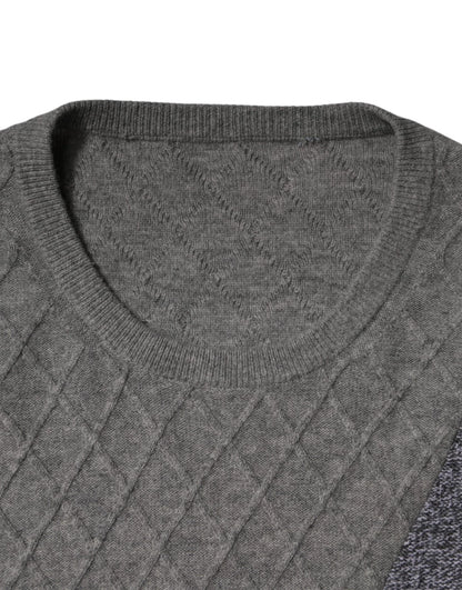 Gray Cashmere Argyle Intarsia Knit Crew Neck Men Sweater