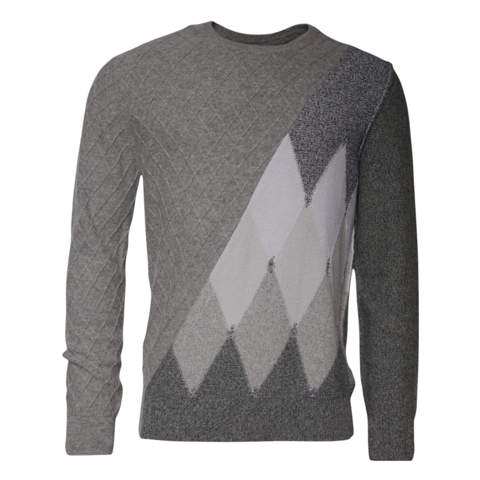 Gray Cashmere Argyle Intarsia Knit Crew Neck Men Sweater