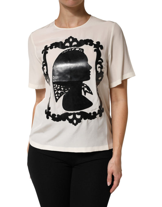 Cream Silk Silhouette Detail Short Sleeve Top