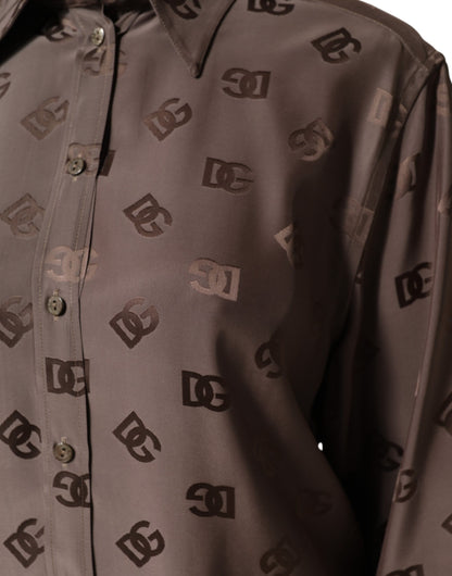 Brown Collared Long Sleeves Logo Shirt Top