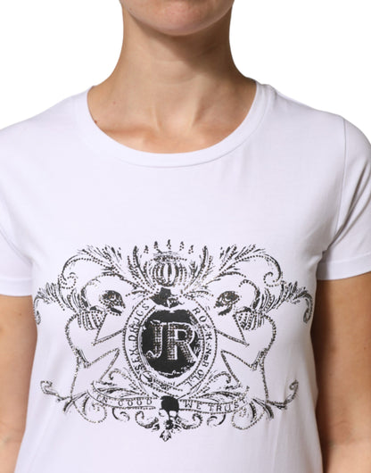 White Printed Cotton Stretch Crew Neck T-shirt