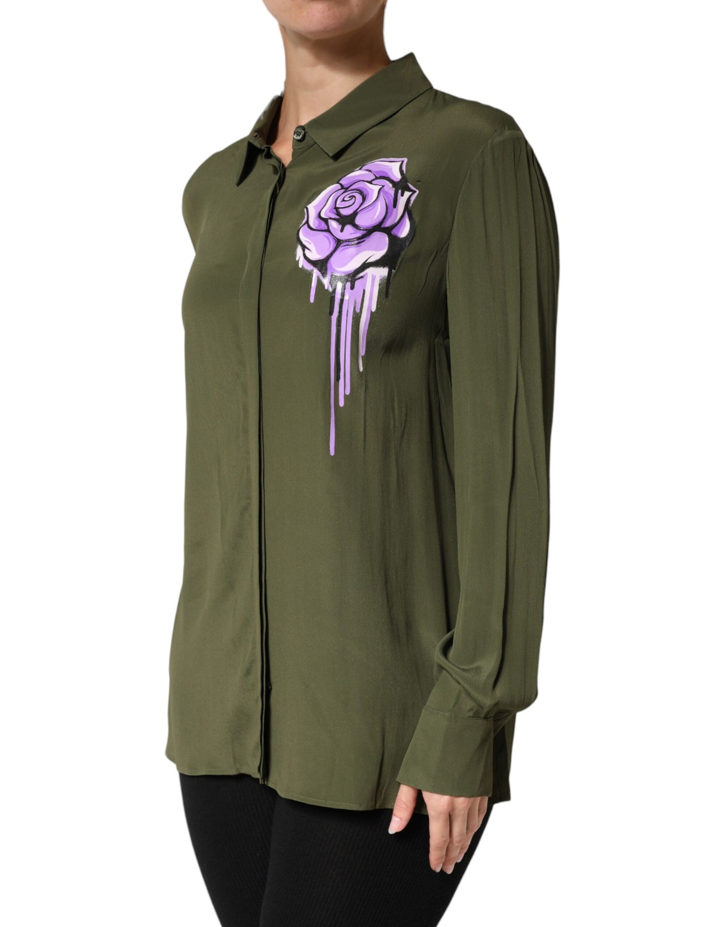 Top Green Acetate Collared Long Sleeves Floral Top
