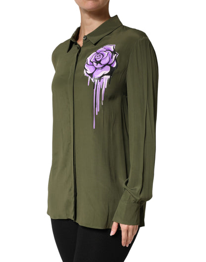 Top Green Acetate Collared Long Sleeves Floral Top
