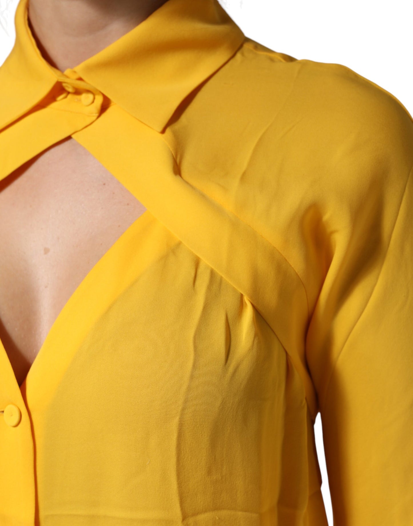 Yellow Silk Collared Long Sleeves  Top