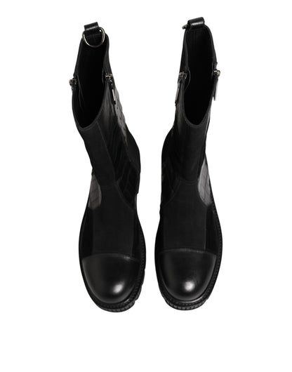 Black Patchwork Leather Mid Calf Boot  Shoes