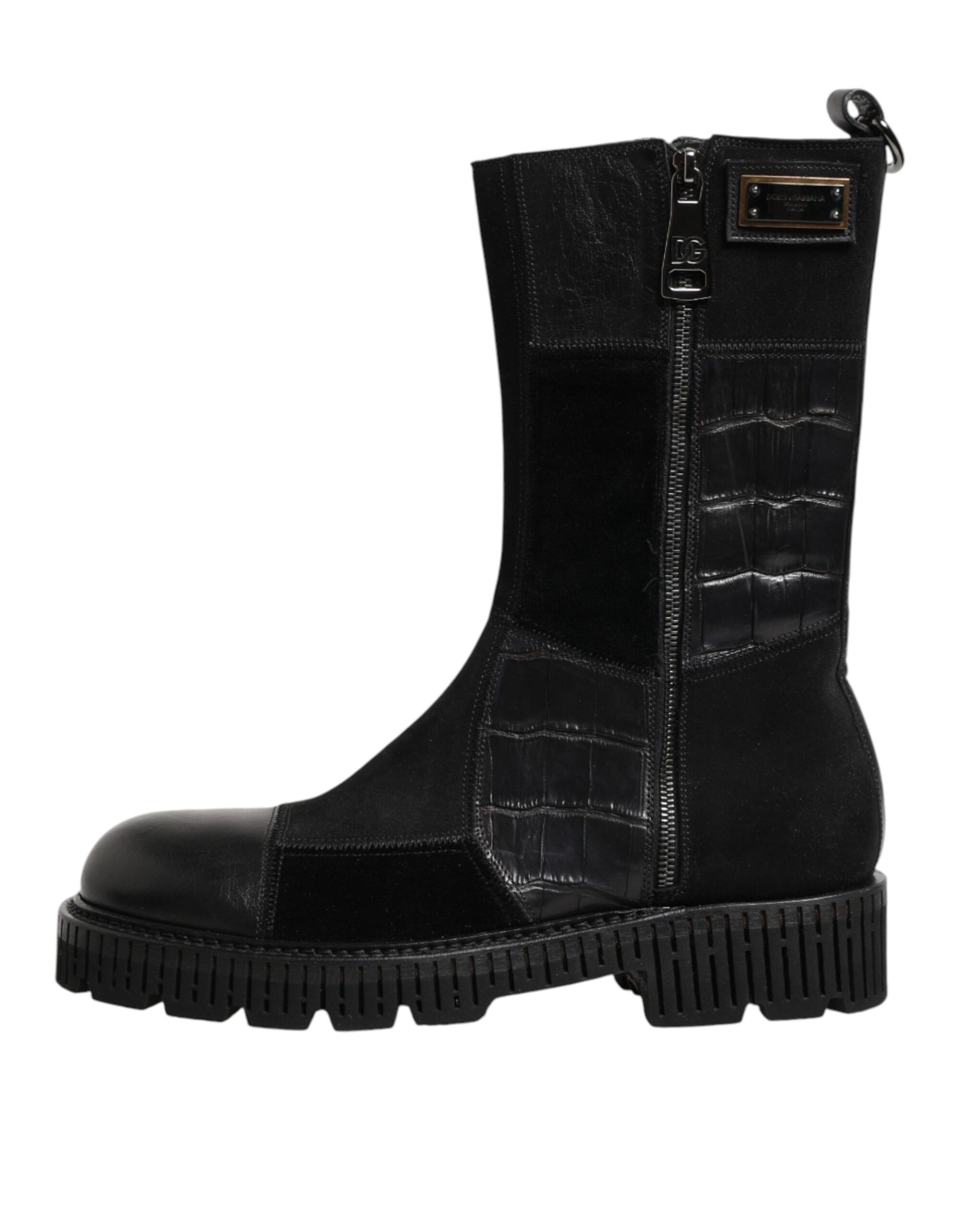 Black Patchwork Leather Mid Calf Boot  Shoes