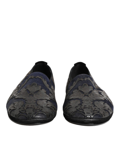 Black Jacquard Leather Slip On Loafers Shoes