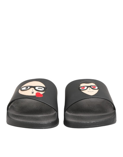 Black Leather Slides Sandals Beachwear Shoes