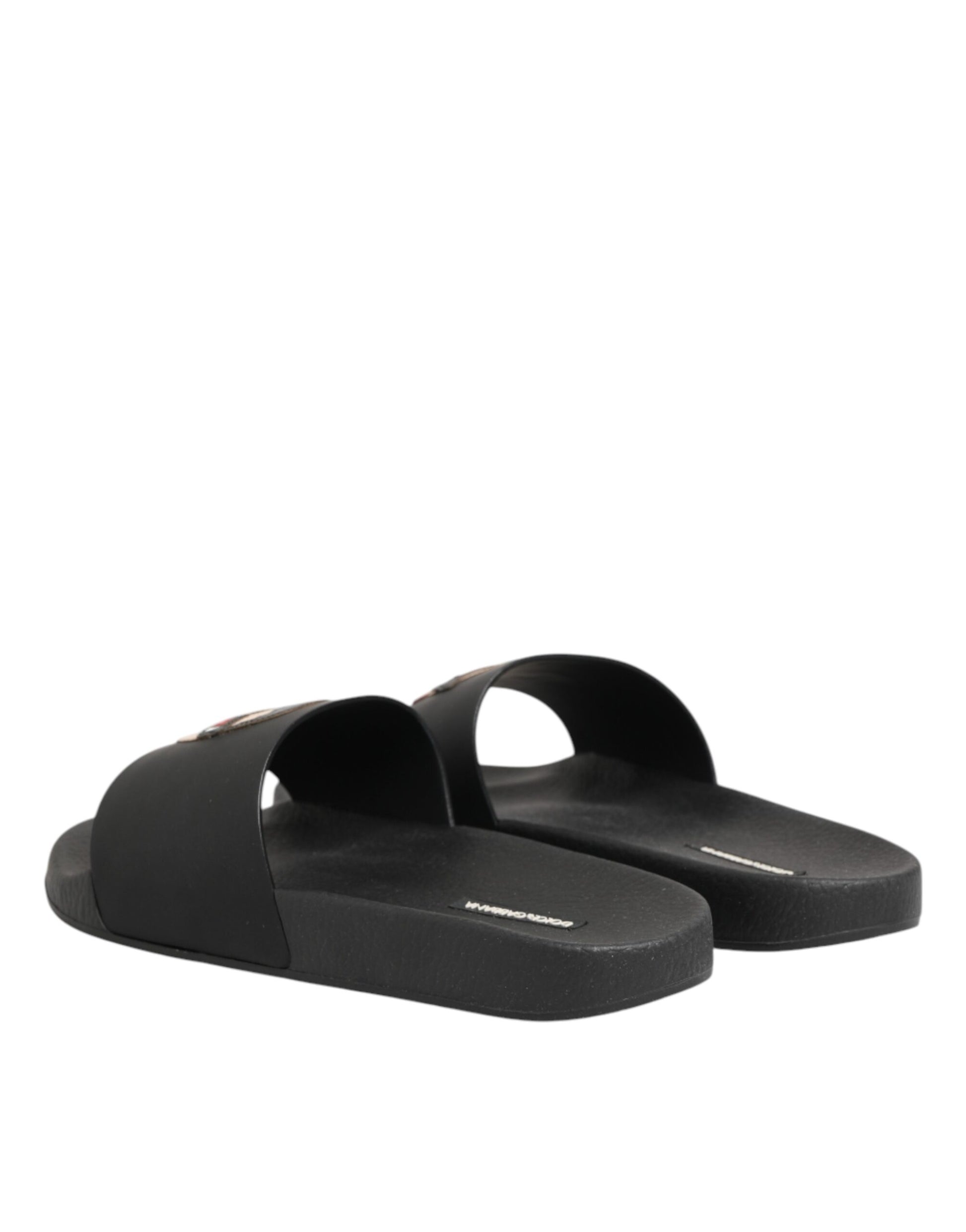 Black Leather Slides Sandals Beachwear Shoes