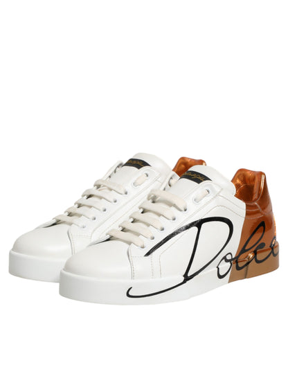 White Brown Leather Low Top Sneakers  Shoes