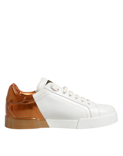 White Brown Leather Low Top Sneakers  Shoes
