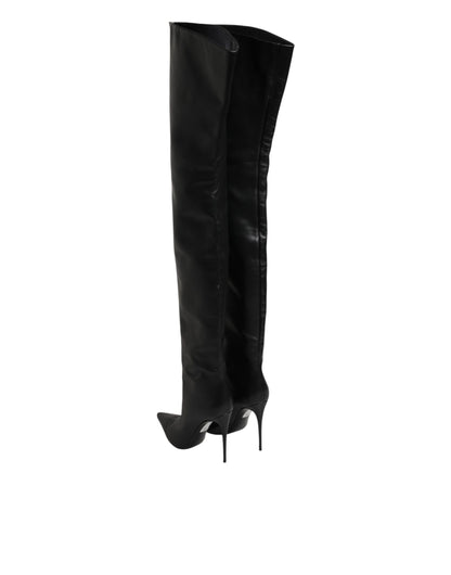 Black Leather Stiletto Knee High Boots Shoes