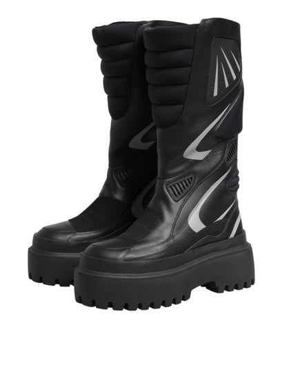 Black Leather Mid Calf Biker Boots Shoes