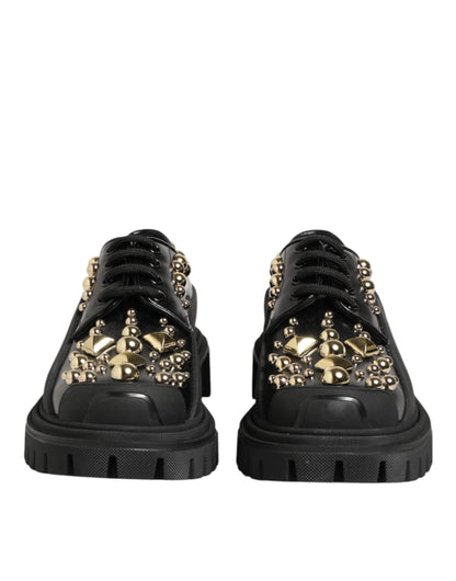 Black Leather Jeweled Crystals Derby Shoes