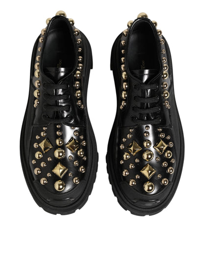 Black Leather Jeweled Crystals Derby Shoes