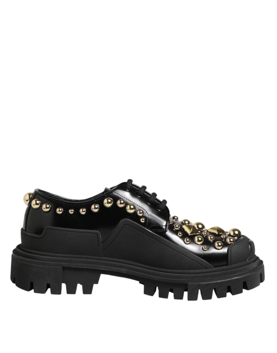 Black Leather Jeweled Crystals Derby Shoes