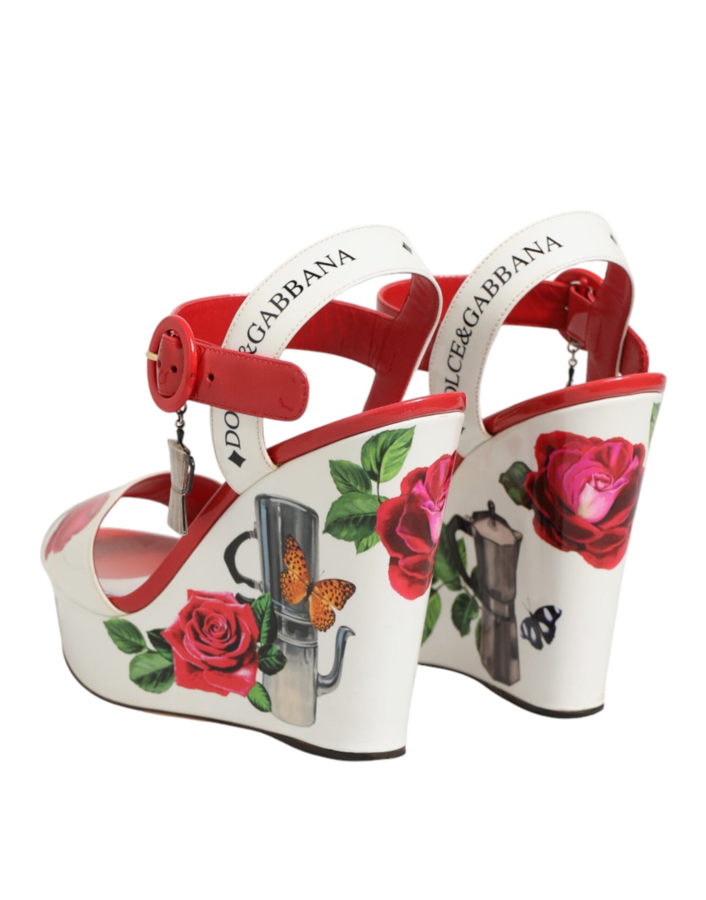 White Floral Ankle Strap Wedge Sandals Shoes