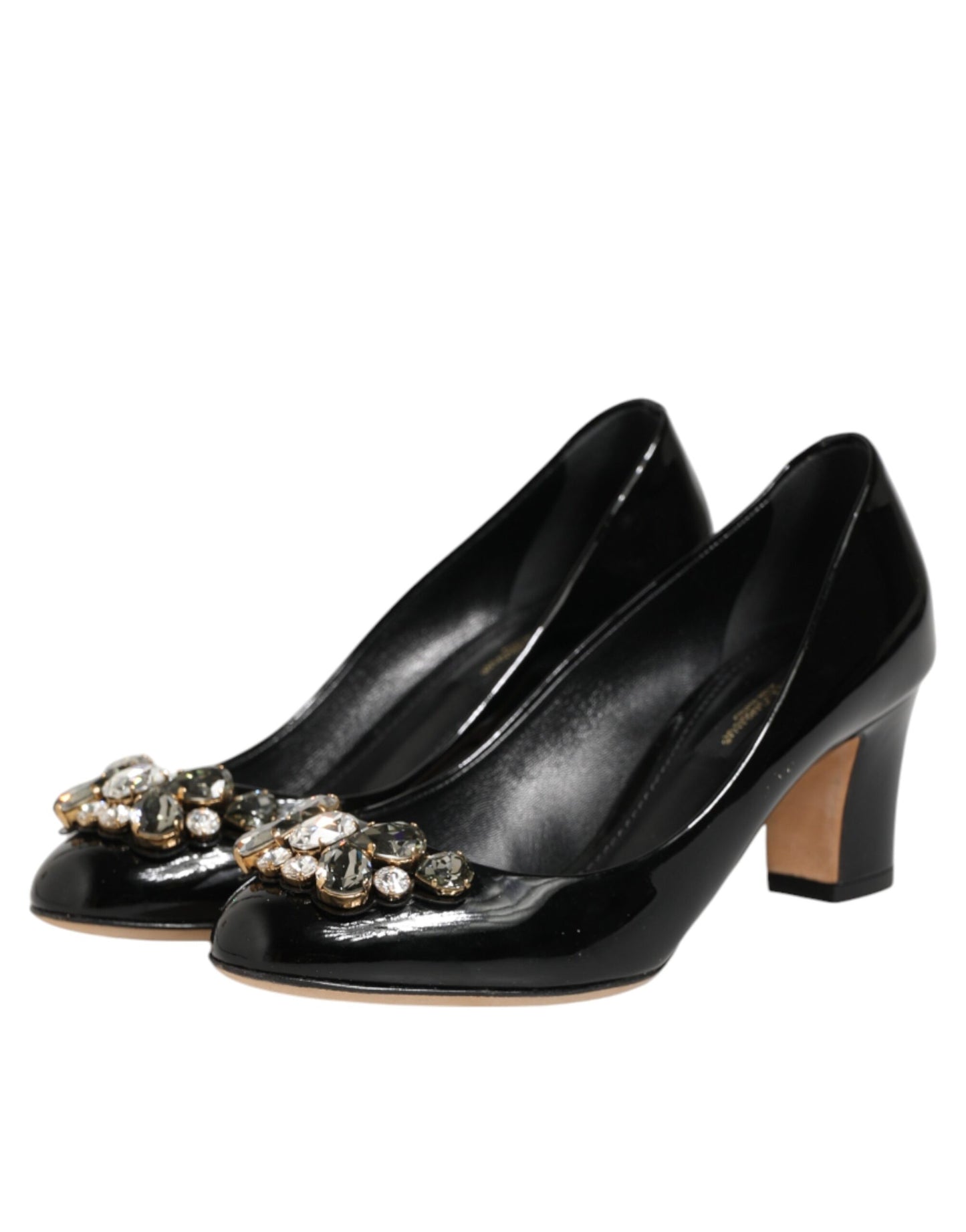 Black Leather Crystals Heels Pumps Shoes