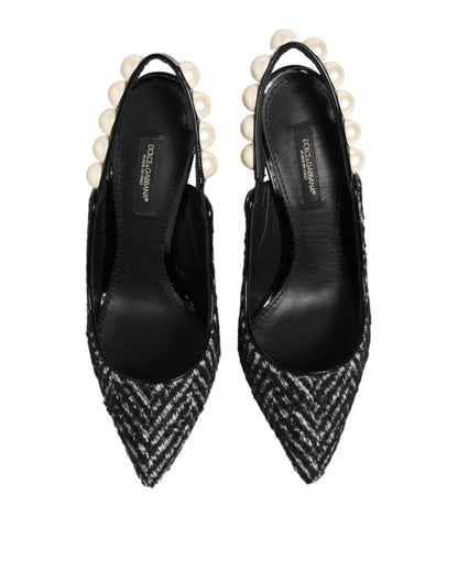 White Black Chevron Faux Pearl Slingbacks Shoes