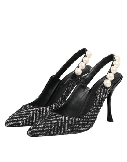 White Black Chevron Faux Pearl Slingbacks Shoes